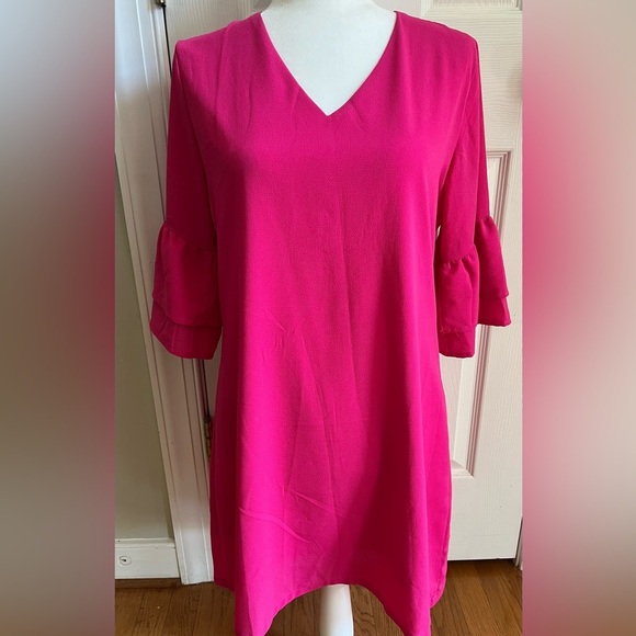 Belongsci Pink Summer V‎ Neck Bell Sleeve Shift Mini Dress Size Small NWOT - Picture 1 of 11